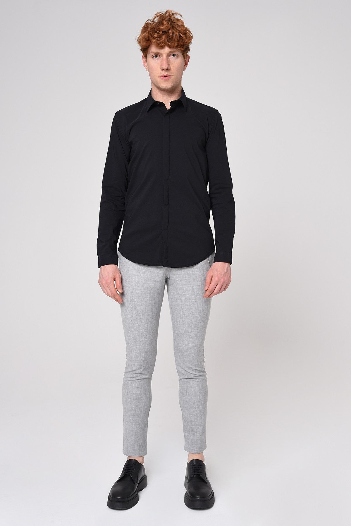 Erkek Slim Fit Düz Aksesuarlı Kumaş Pantolon