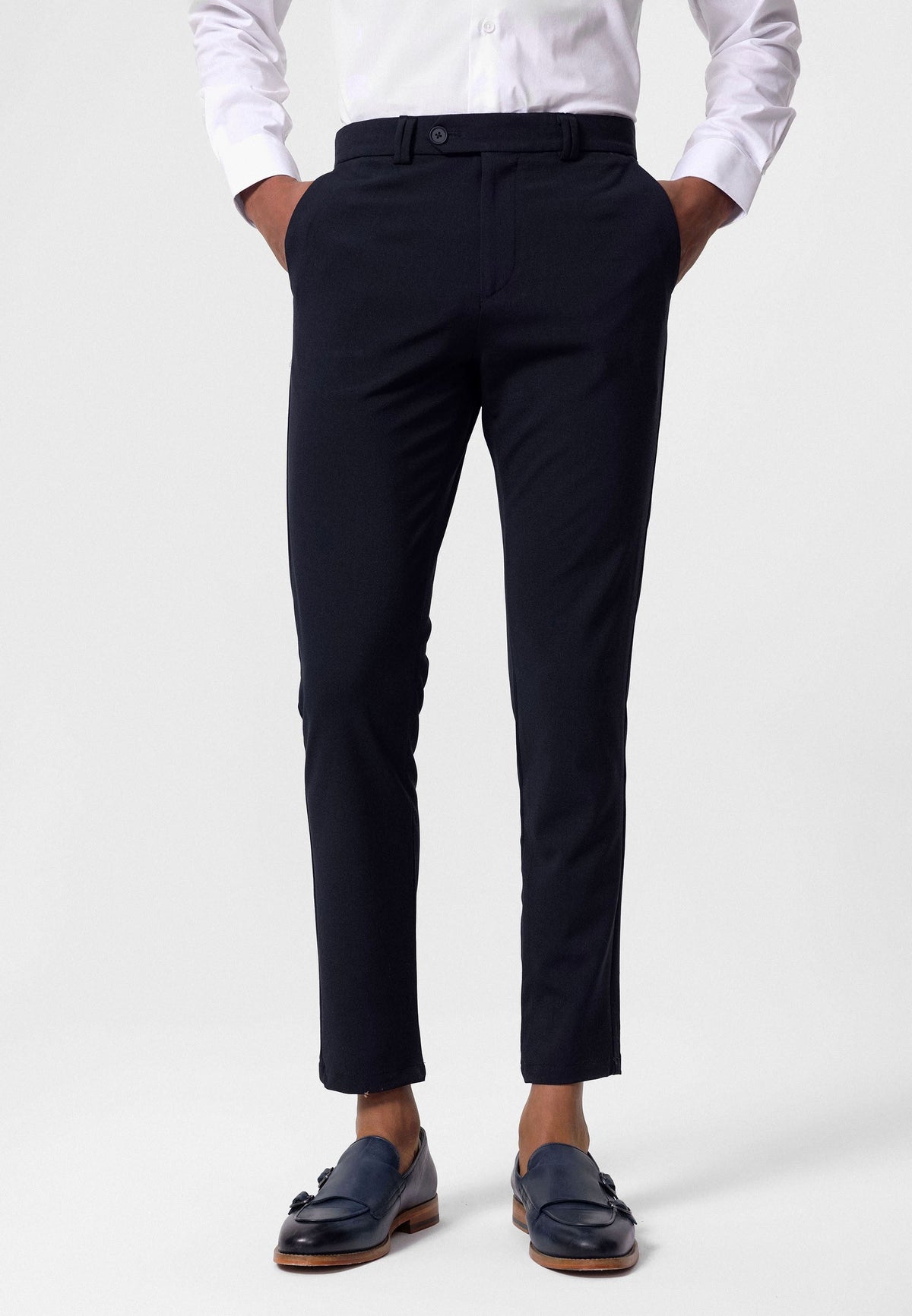 Erkek Slim Fit Düz Aksesuarlı Kumaş Pantolon
