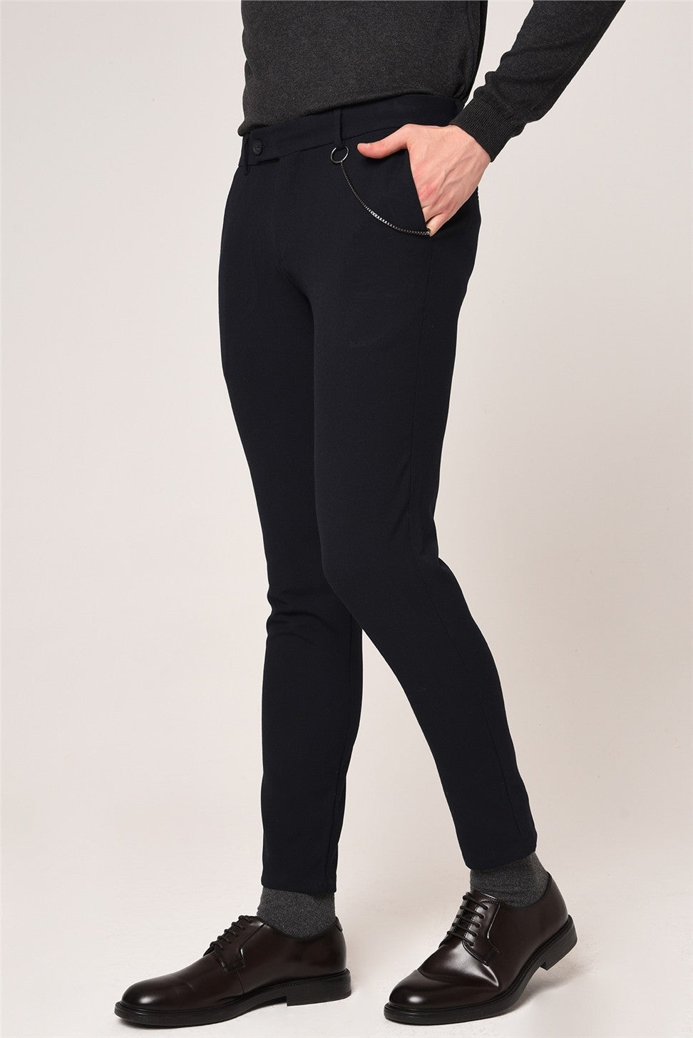 Erkek Slim Fit Düz Aksesuarlı Kumaş Pantolon