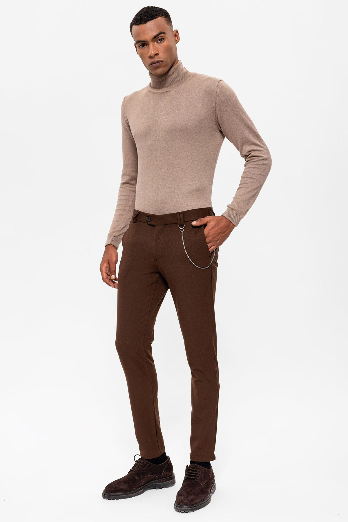 Erkek Slim Fit Düz Aksesuarlı Kumaş Pantolon