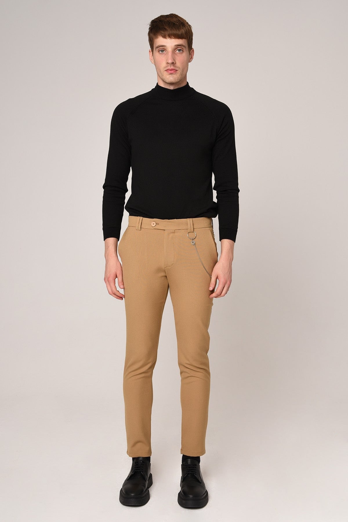 Erkek Slim Fit Düz Aksesuarlı Kumaş Pantolon