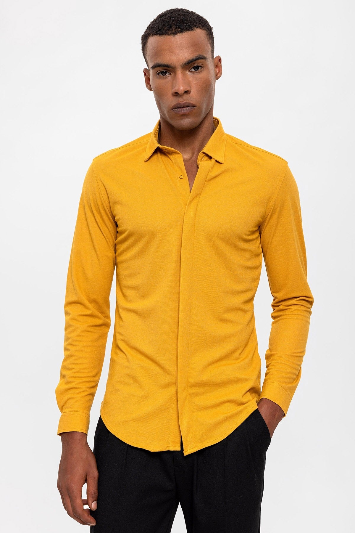 Antioch Erkek Gizli Düğme Uzun Kollu Slim Fit Triko Gömlek