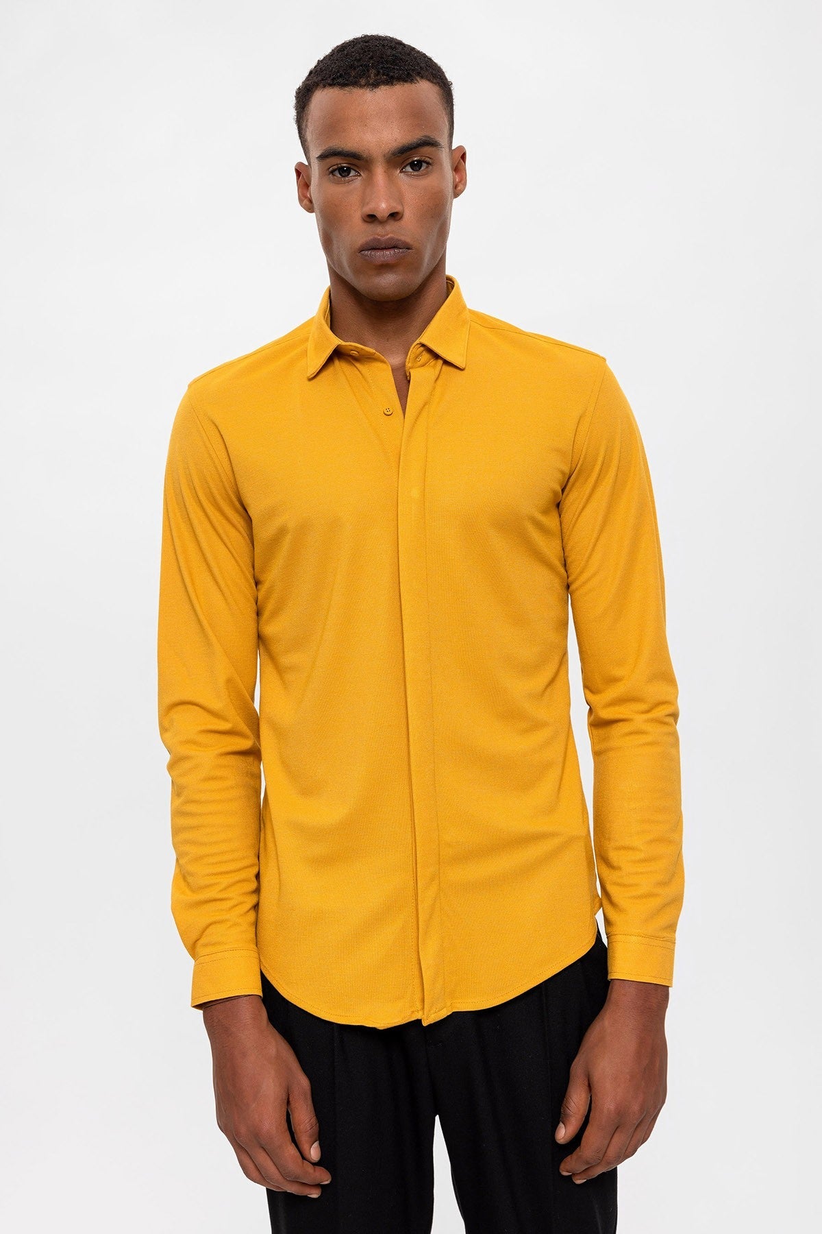 Antioch Erkek Gizli Düğme Uzun Kollu Slim Fit Triko Gömlek