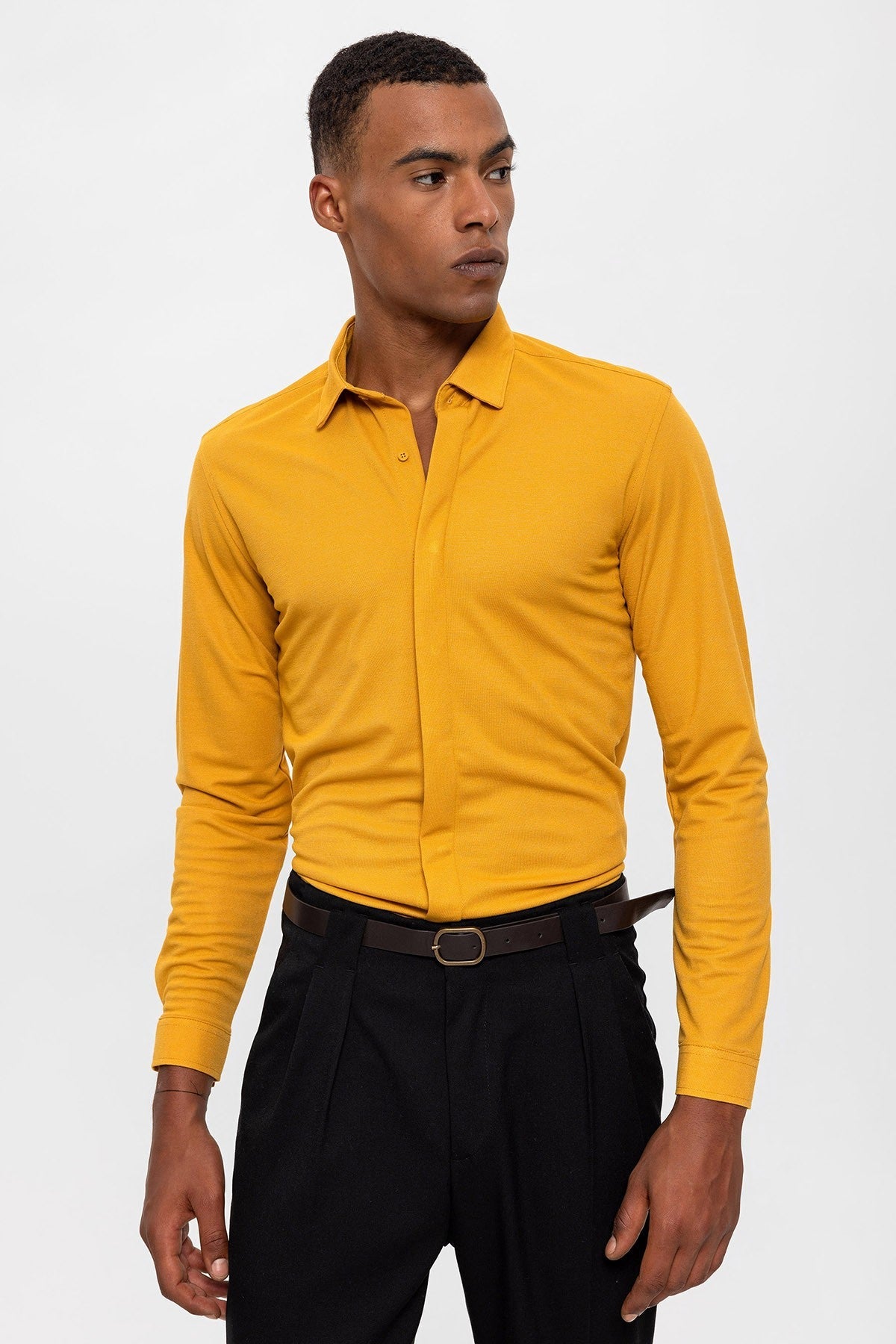 Antioch Erkek Gizli Düğme Uzun Kollu Slim Fit Triko Gömlek