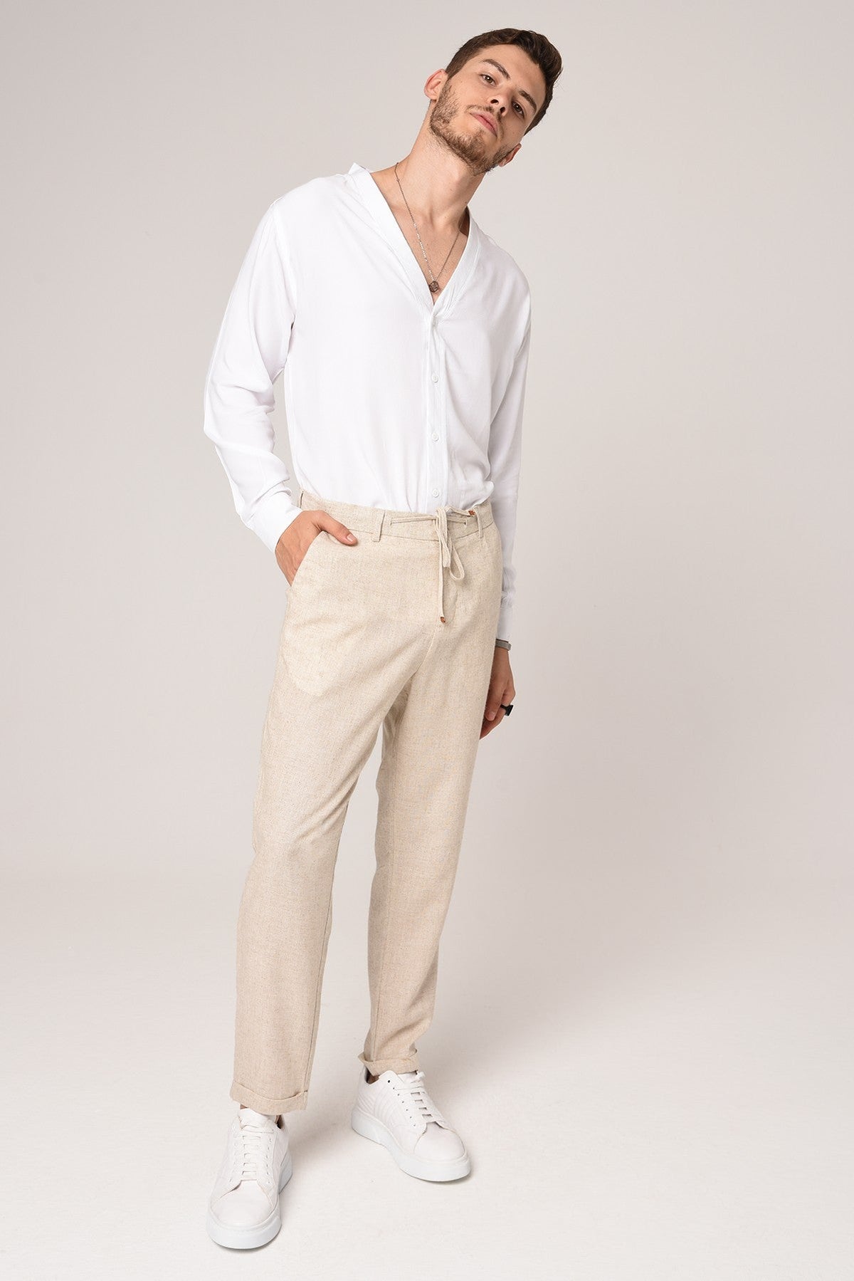 Boyfriend Beli İpli Keten Pantolon