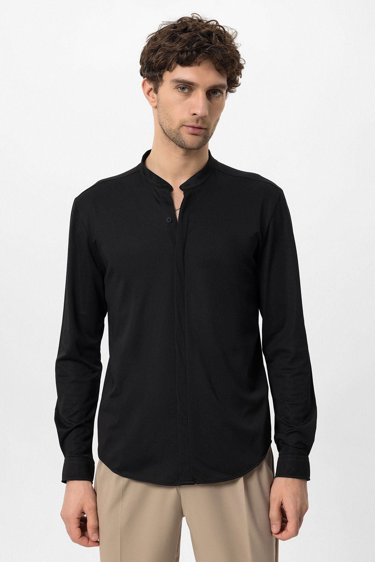 Antioch Erkek Hakim Yaka Gizli Düğme Uzun Kollu Slim Fit Gömlek