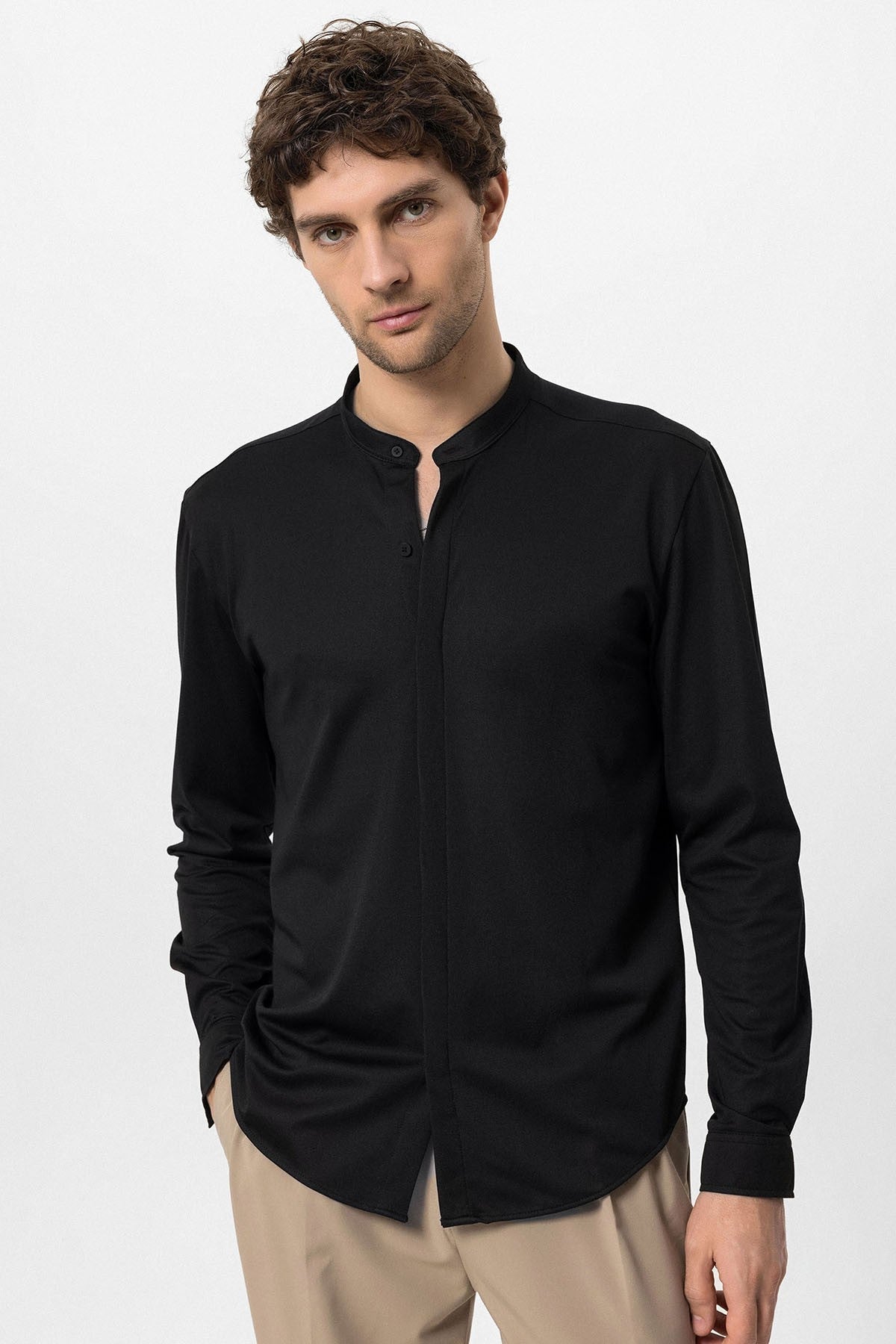 Antioch Erkek Hakim Yaka Gizli Düğme Uzun Kollu Slim Fit Gömlek