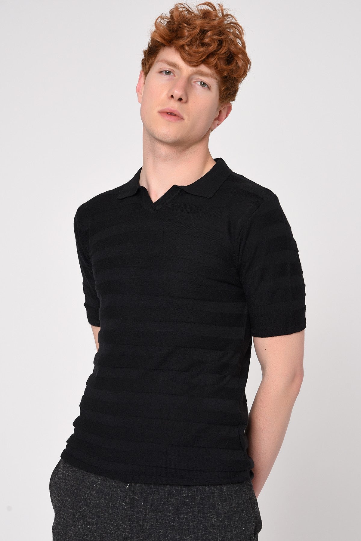 Şeritli Polo Yaka Desenli Triko T-Shirt