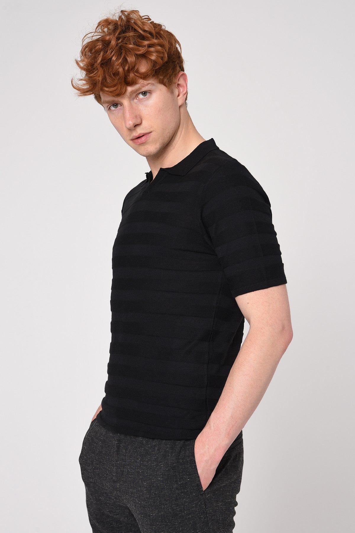 Şeritli Polo Yaka Desenli Triko T-Shirt