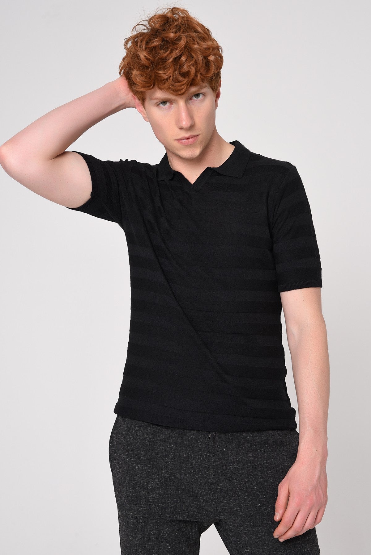 Şeritli Polo Yaka Desenli Triko T-Shirt