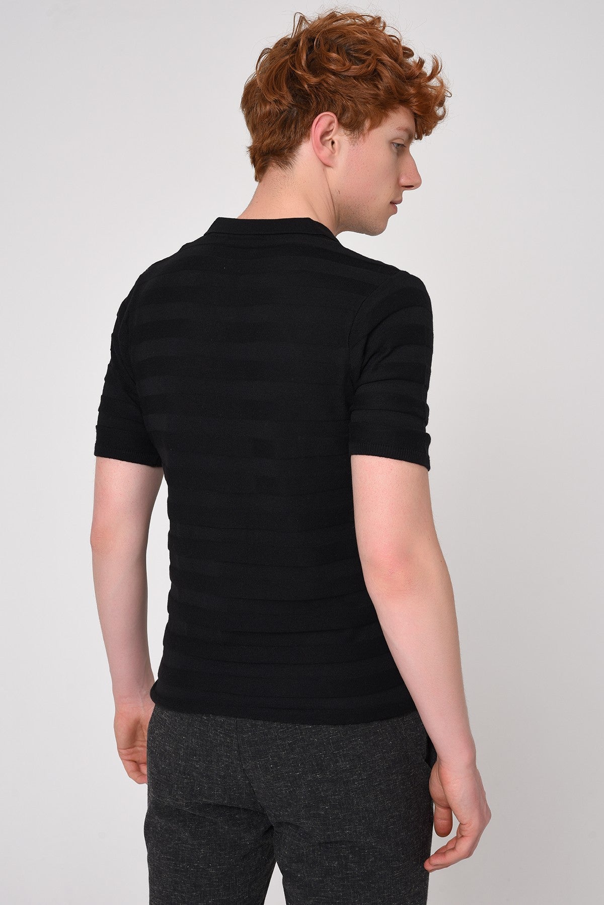 Şeritli Polo Yaka Desenli Triko T-Shirt
