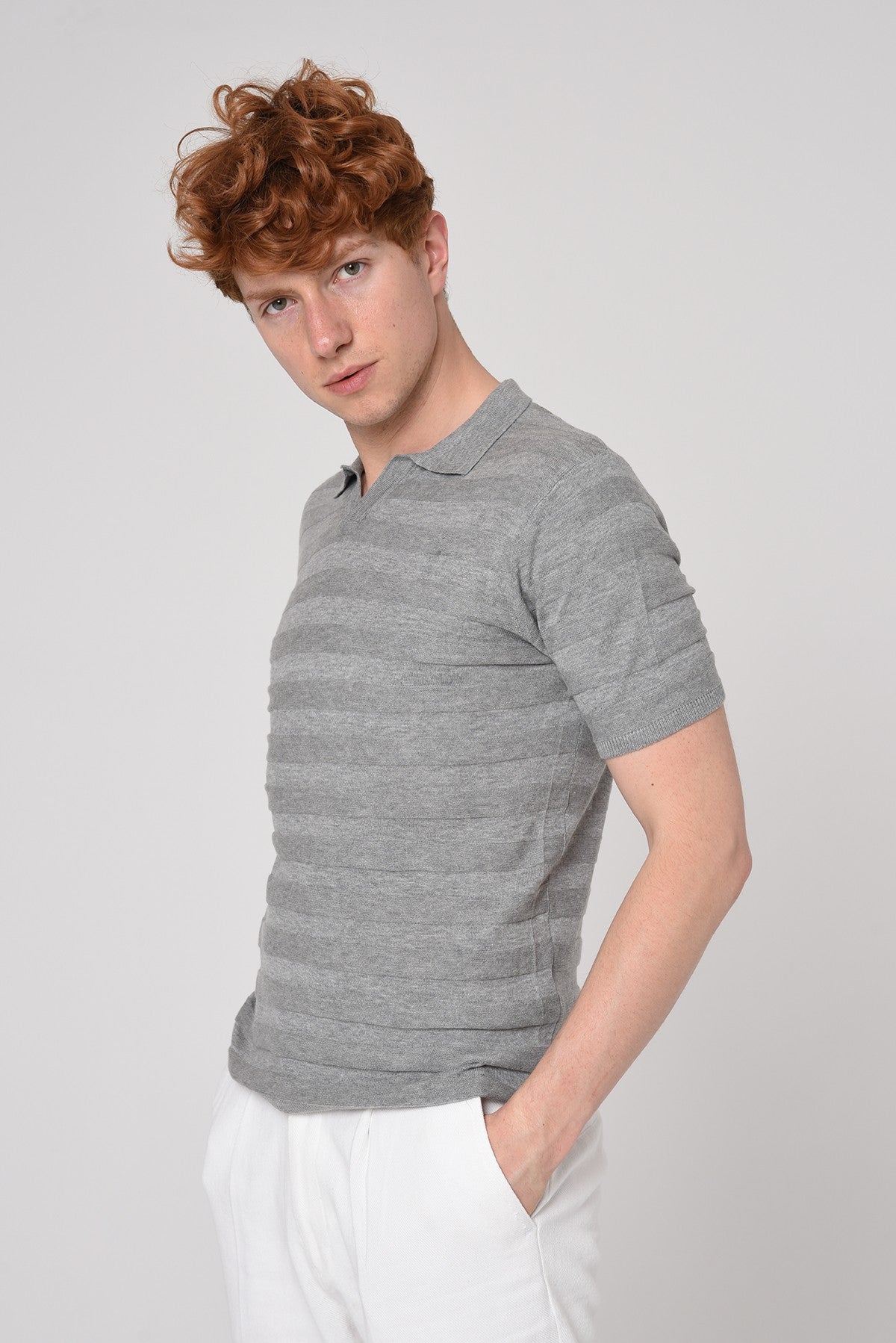 Şeritli Polo Yaka Desenli Triko T-Shirt