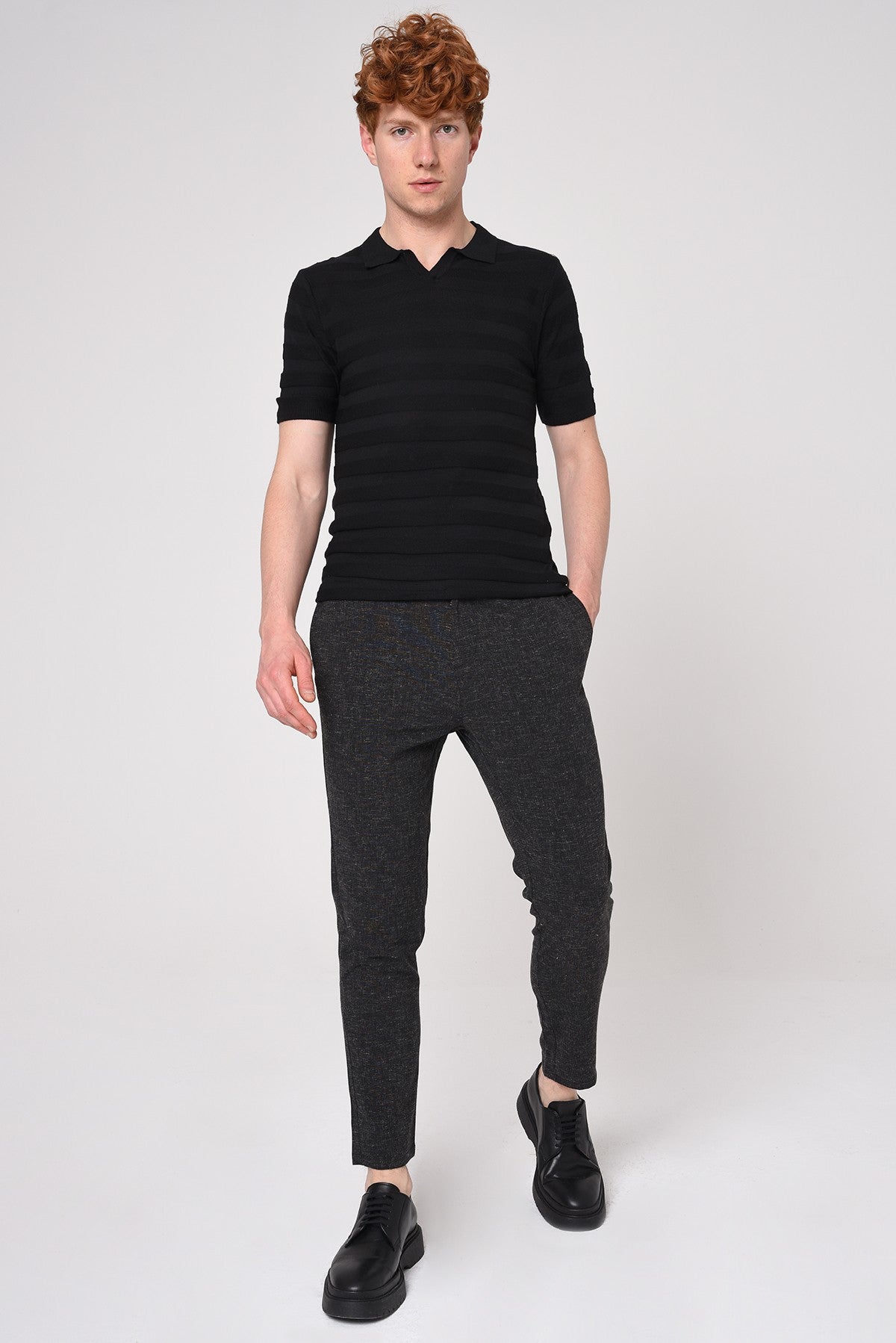 Şeritli Polo Yaka Desenli Triko T-Shirt