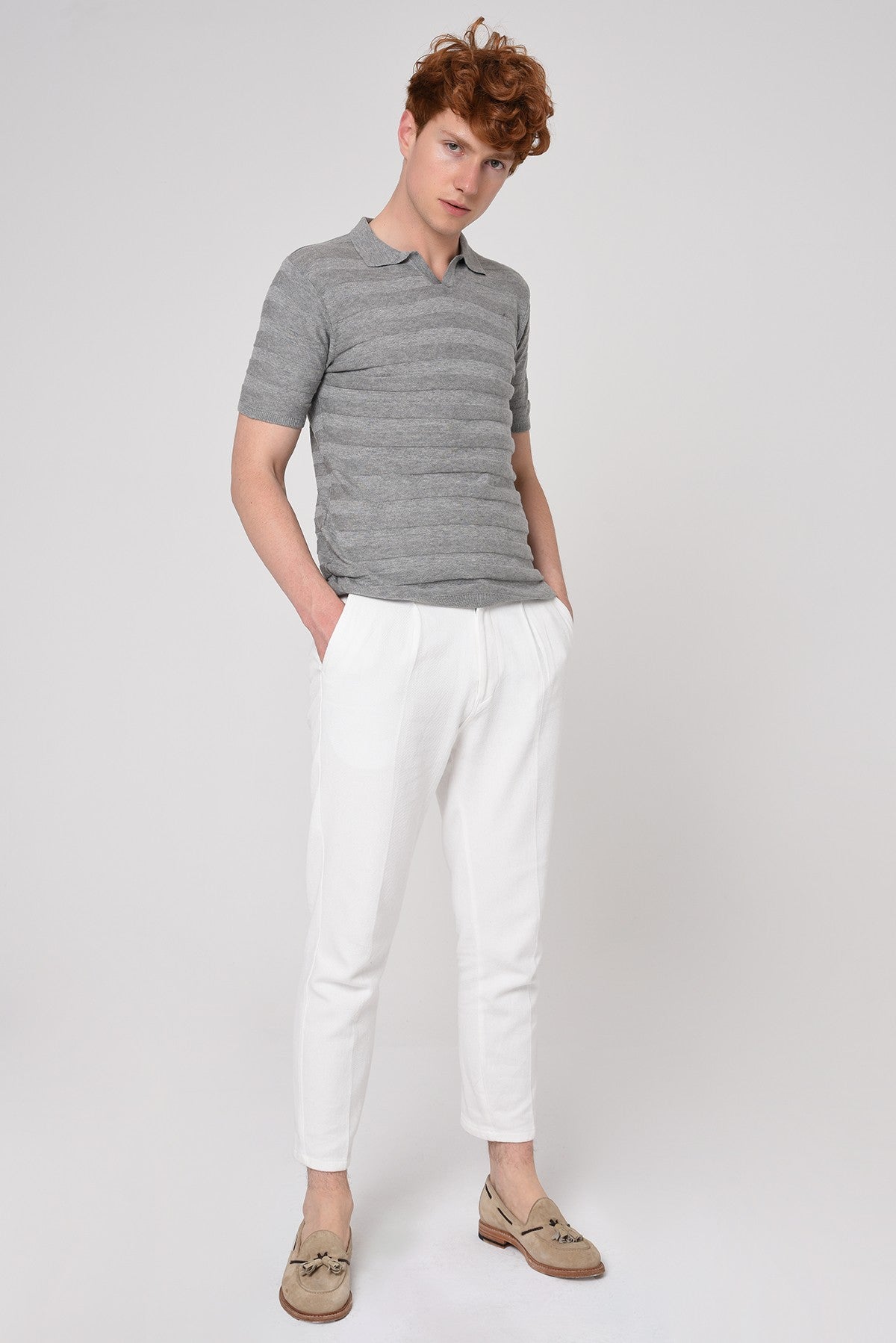 Şeritli Polo Yaka Desenli Triko T-Shirt