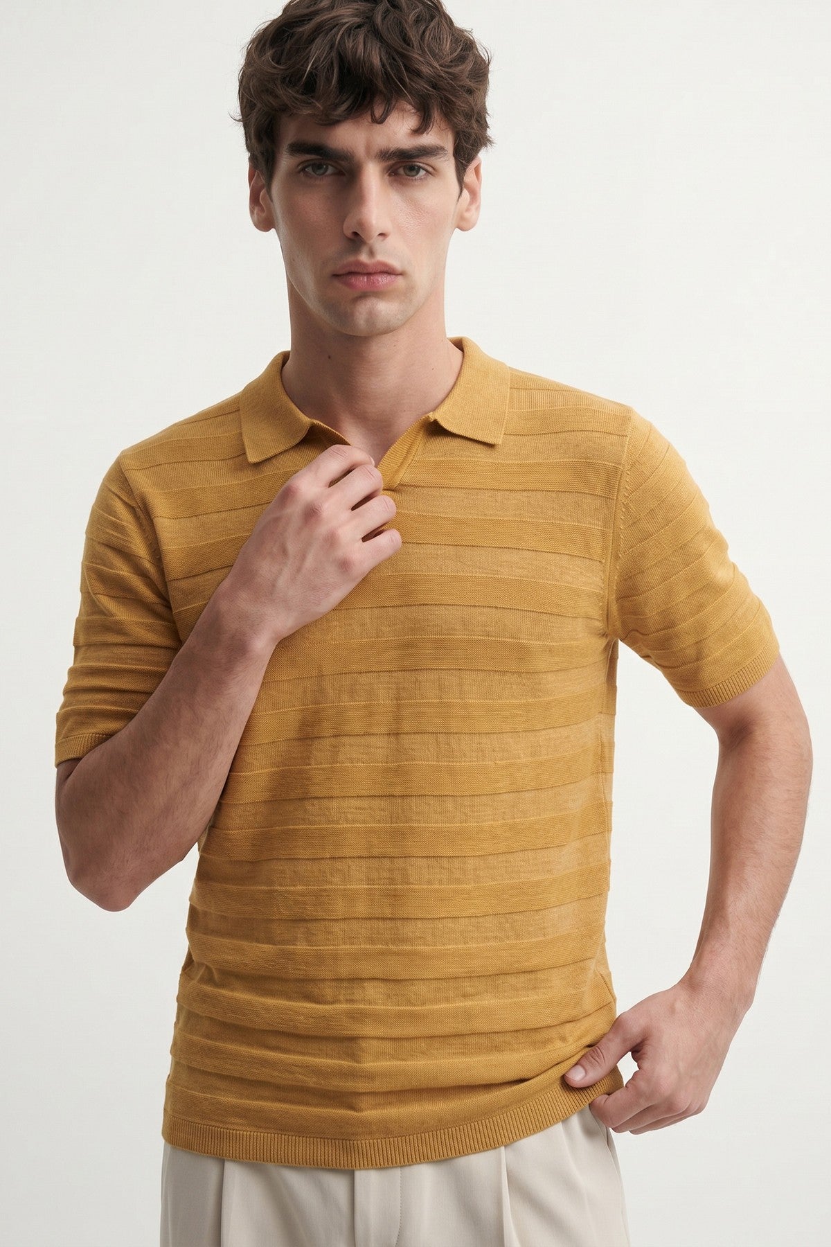 Şeritli Polo Yaka Desenli Triko T-Shirt