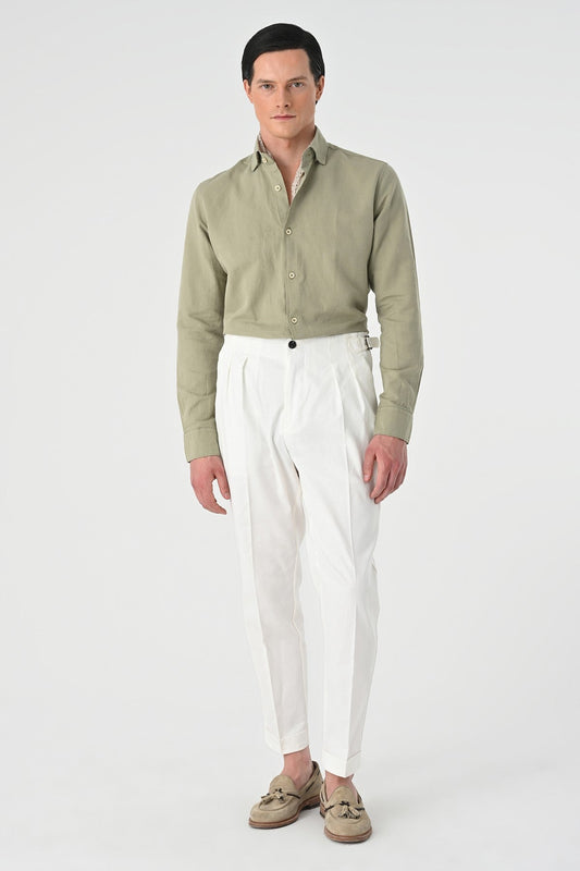 Antioch Yaka Düğme Detaylı %100 Keten Erkek Gömlek
