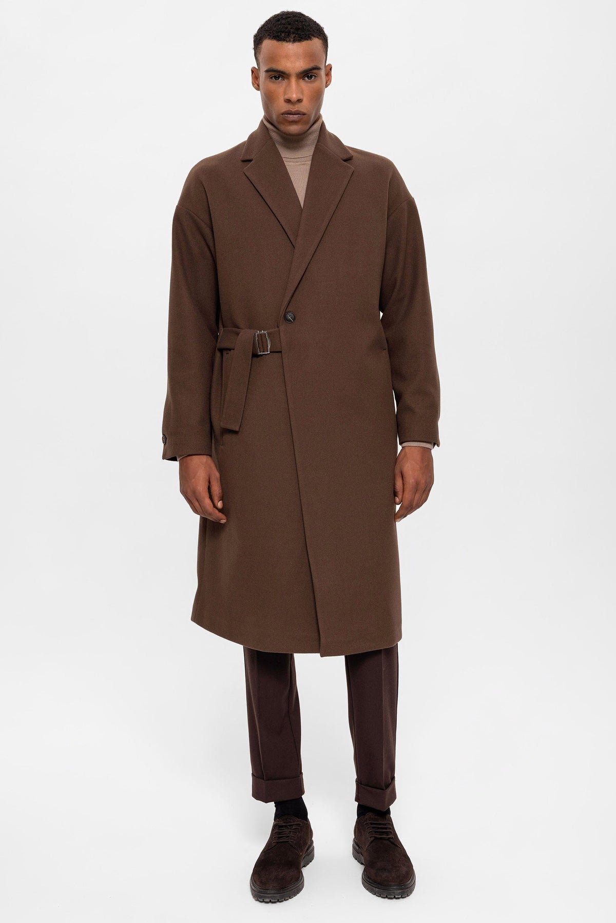 Kuşaklı Oversize Erkek Kaban