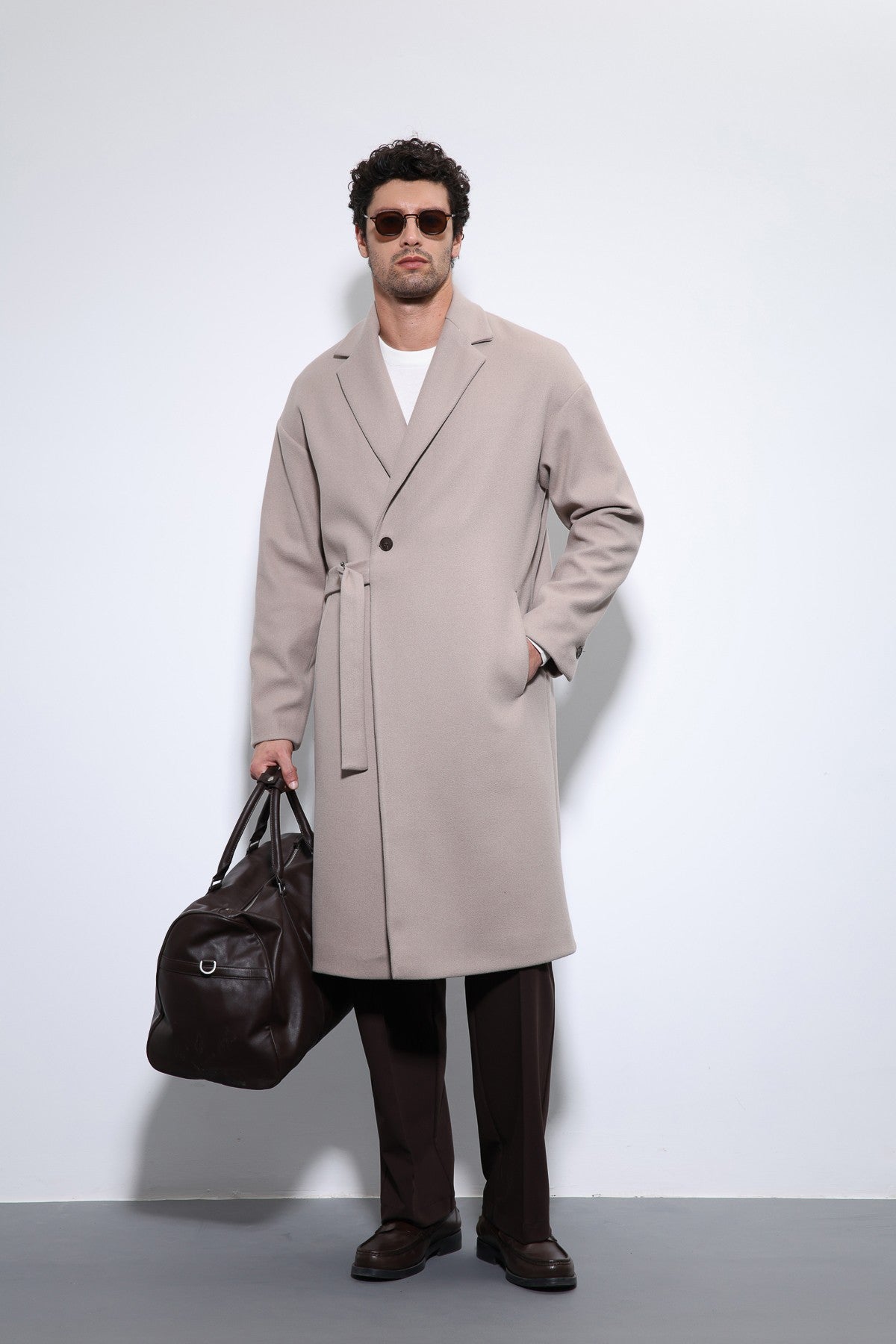 Kuşaklı Oversize Erkek Kaban