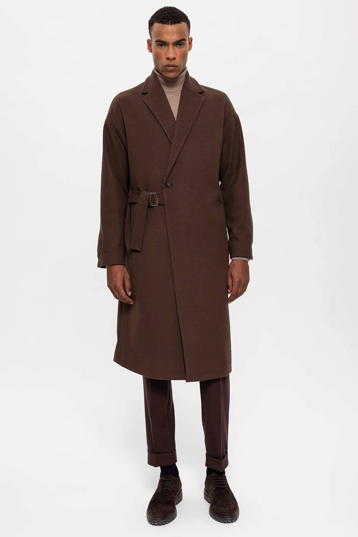 Kuşaklı Oversize Erkek Kaban