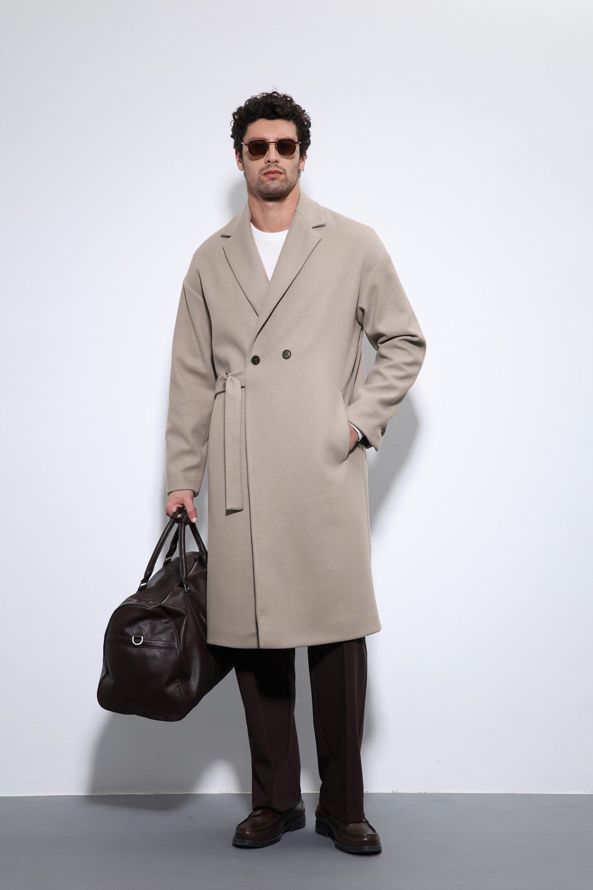 Kuşaklı Oversize Erkek Kaban