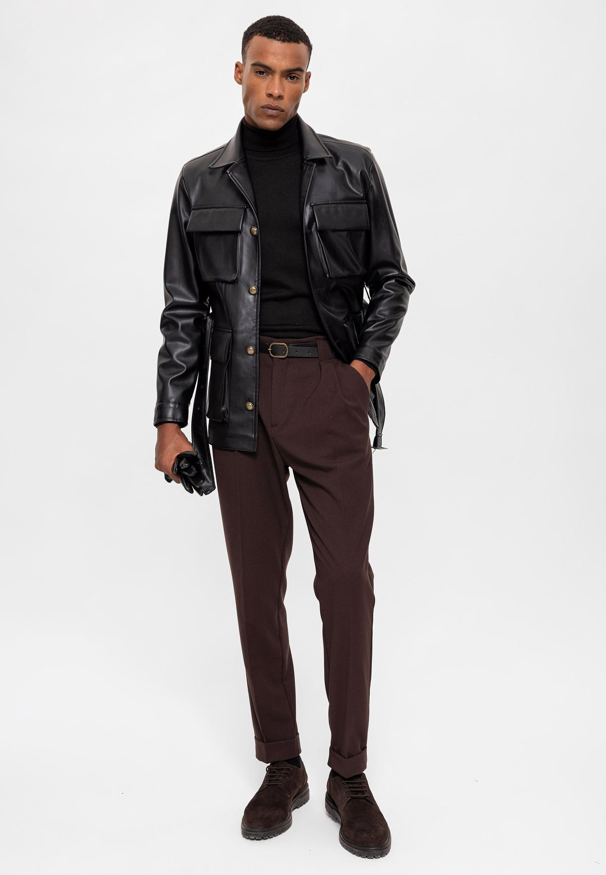 Antioch Slim Fit Kemerli Suni Deri Erkek Mont