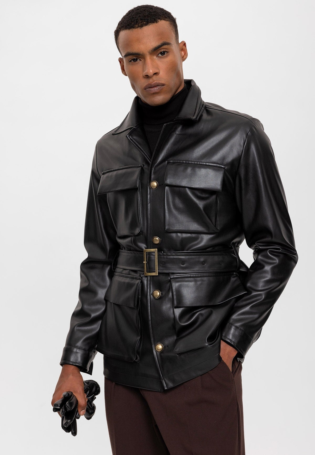 Antioch Slim Fit Kemerli Suni Deri Erkek Mont