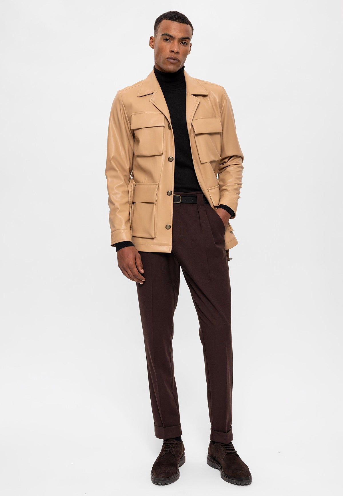 Antioch Slim Fit Kemerli Suni Deri Erkek Mont
