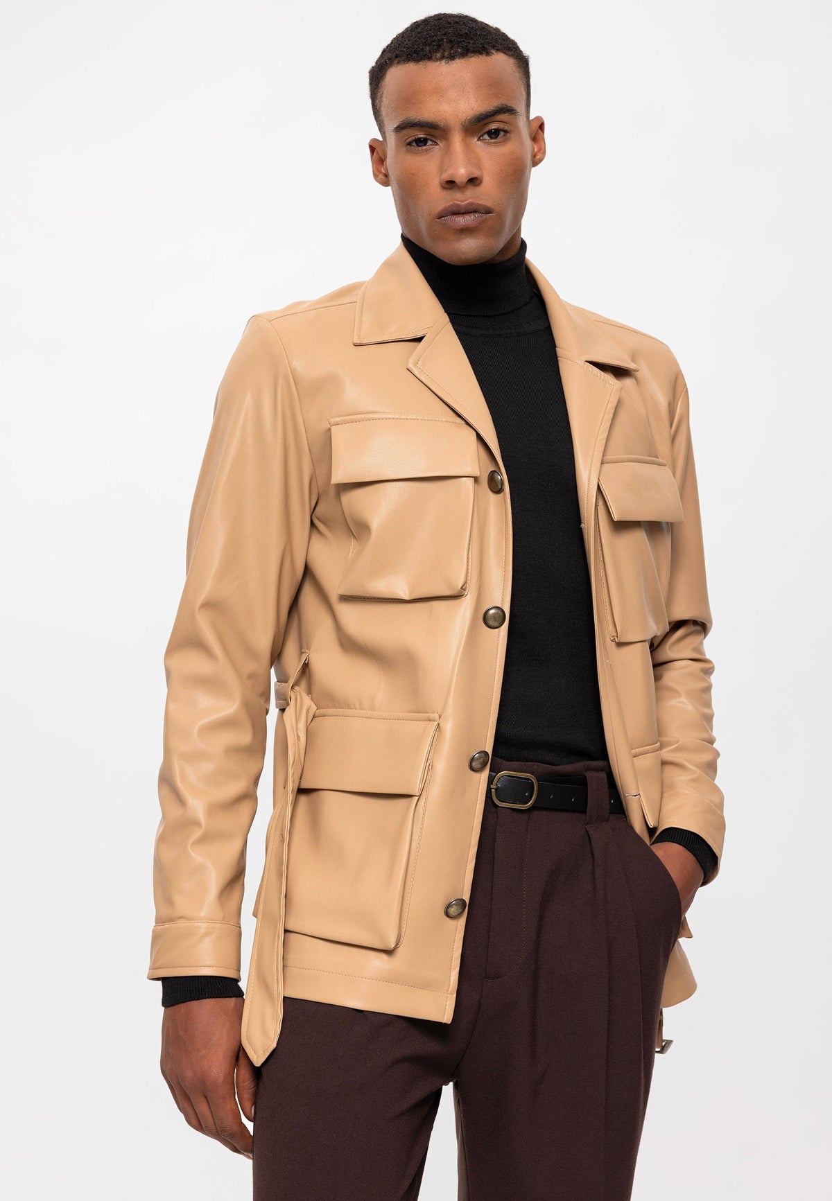 Antioch Slim Fit Kemerli Suni Deri Erkek Mont
