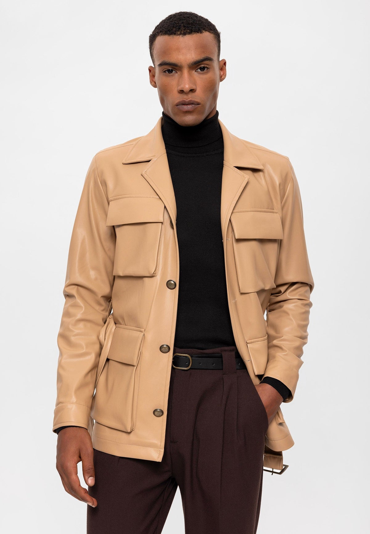 Antioch Slim Fit Kemerli Suni Deri Erkek Mont