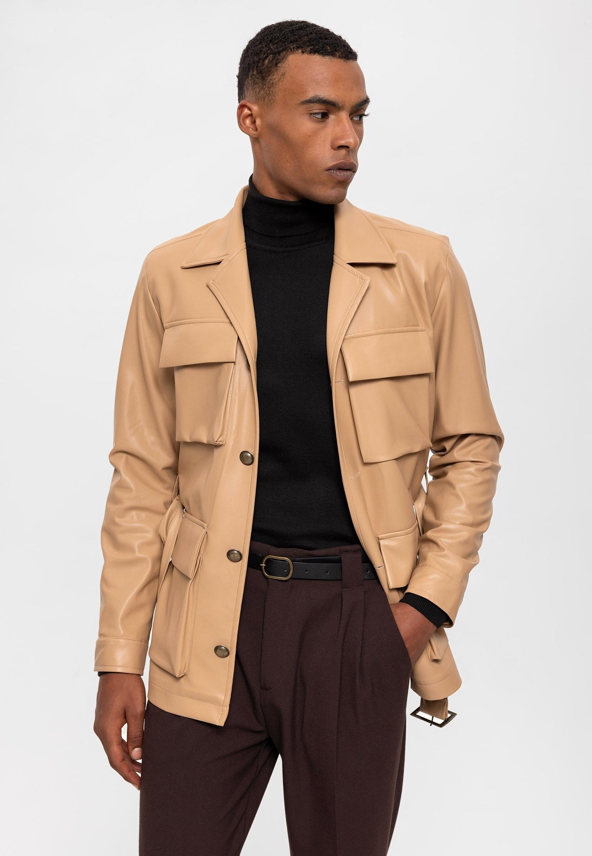 Antioch Slim Fit Kemerli Suni Deri Erkek Mont