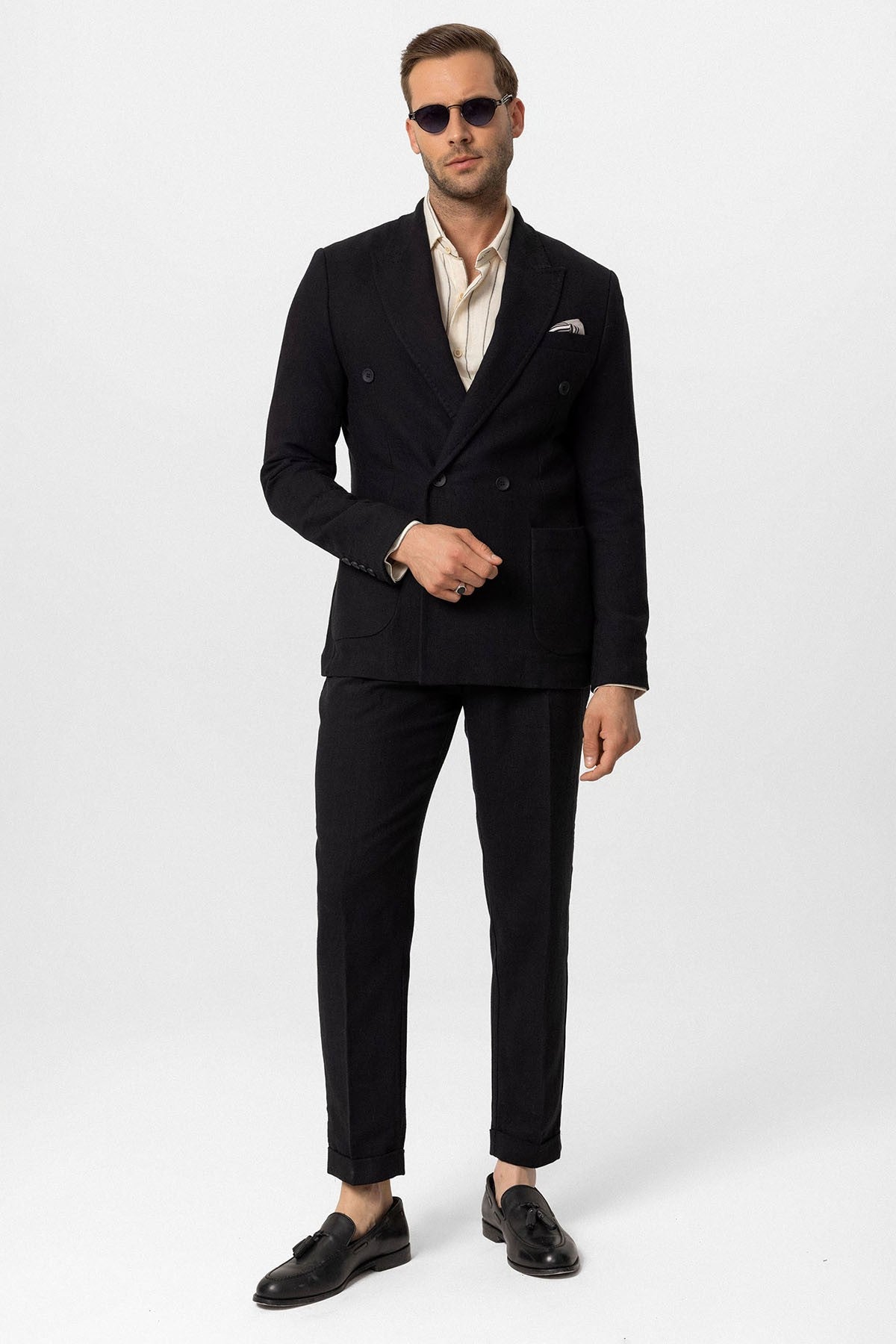Kruvaze Kapama Keten Karışımlı Erkek Blazer Ceket