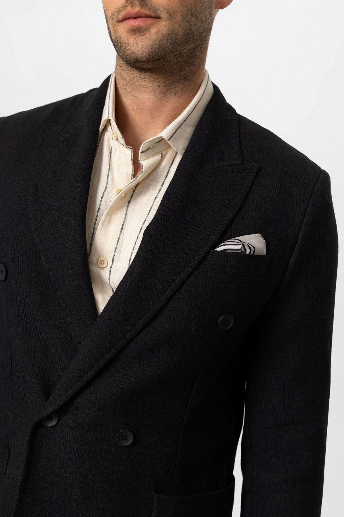 Kruvaze Kapama Keten Karışımlı Erkek Blazer Ceket