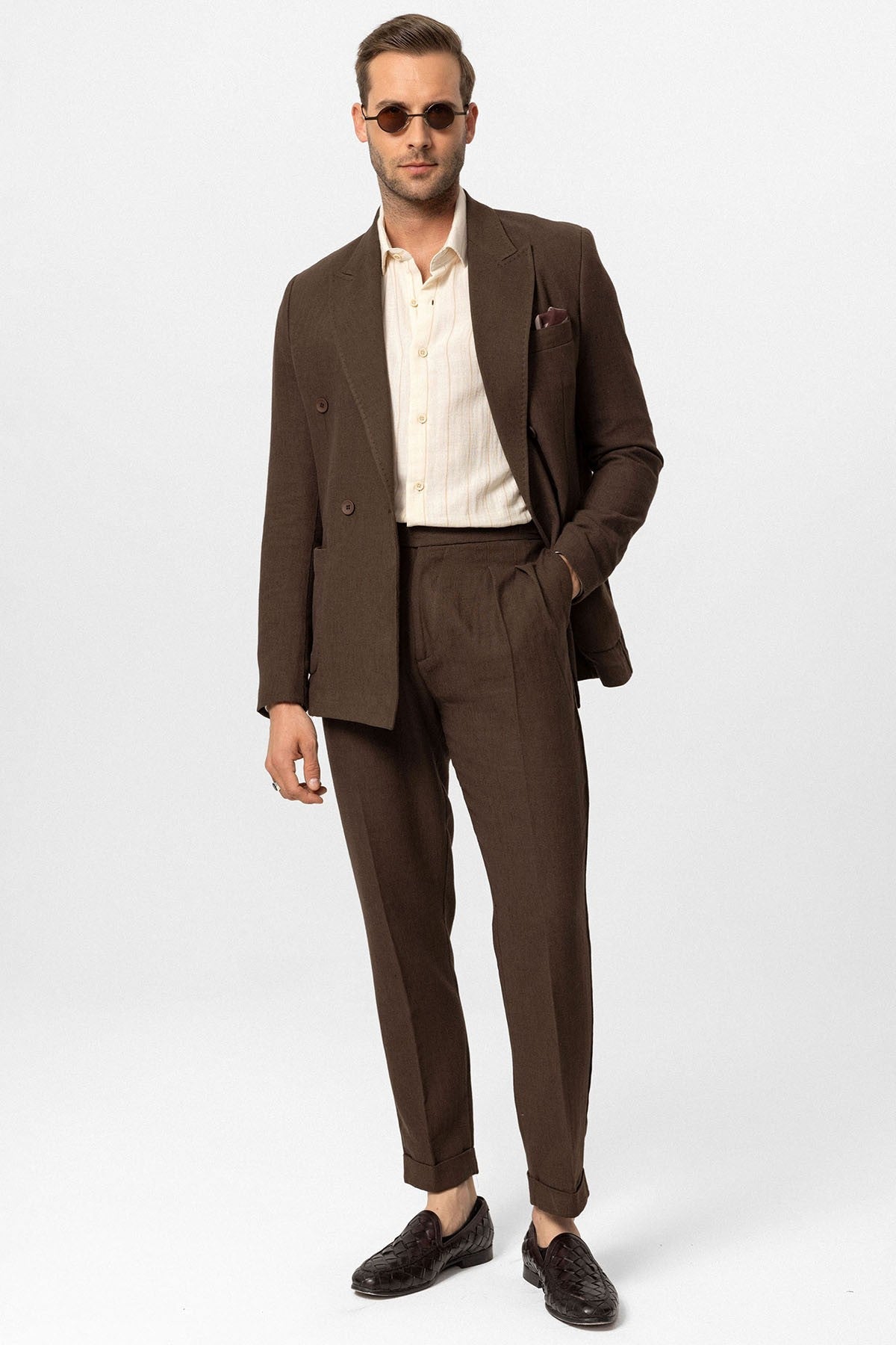 Kruvaze Kapama Keten Karışımlı Erkek Blazer Ceket