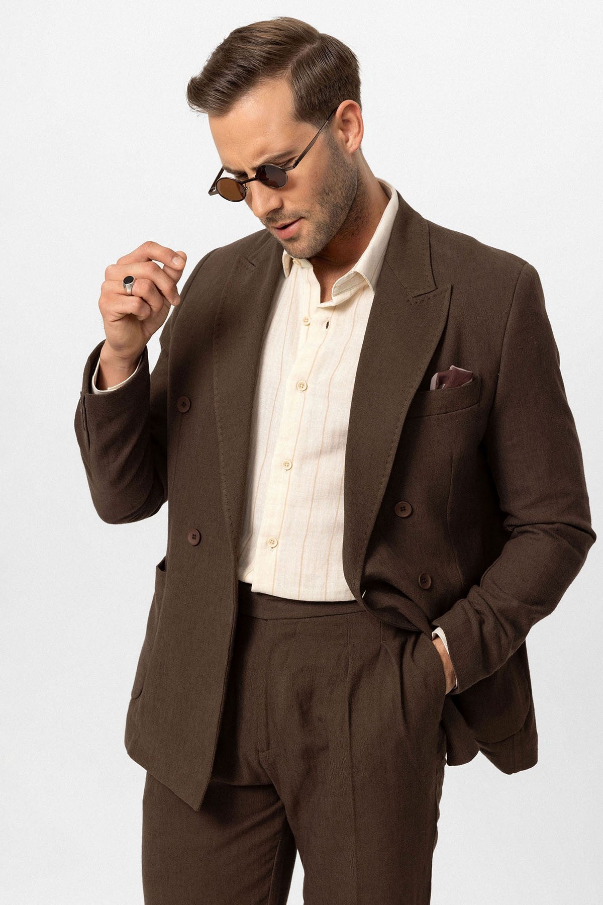 Kruvaze Kapama Keten Karışımlı Erkek Blazer Ceket