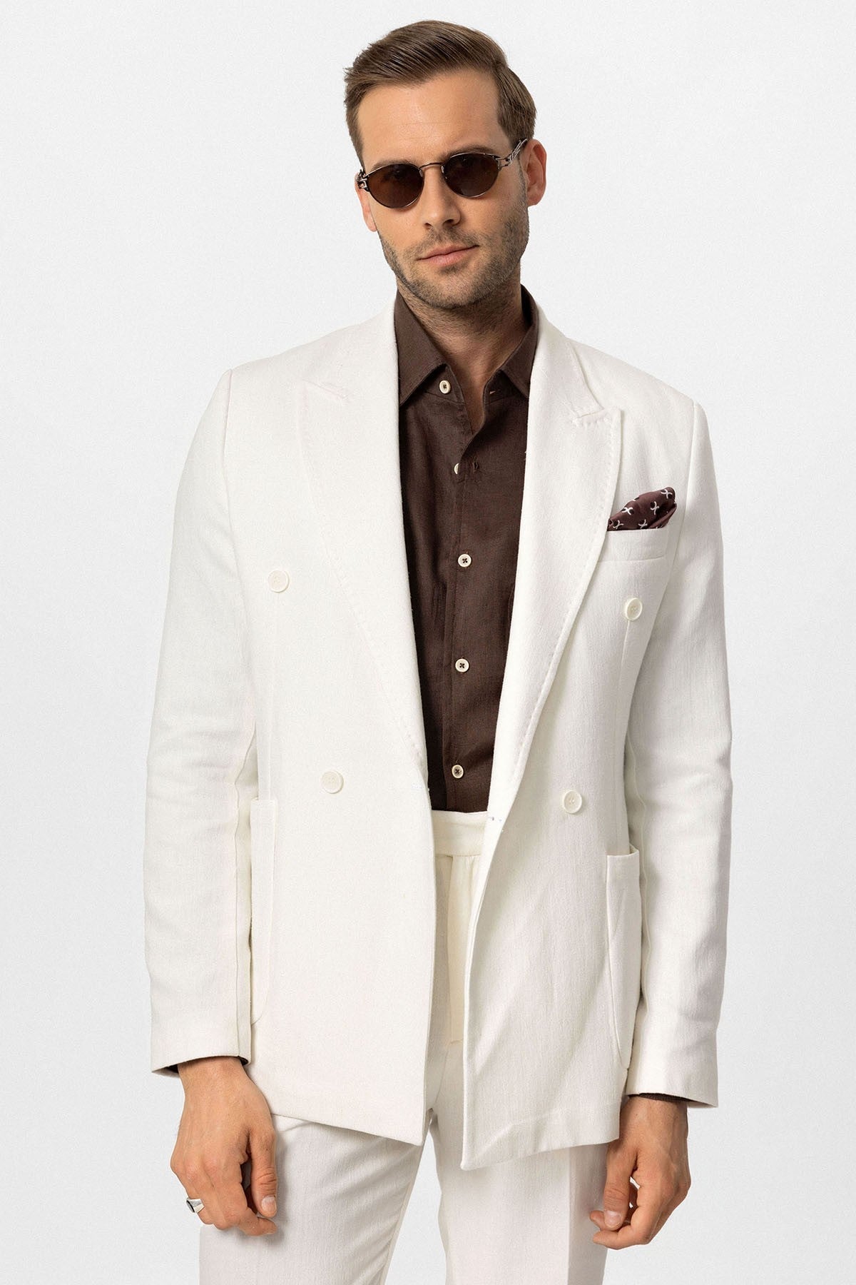 Kruvaze Kapama Keten Karışımlı Erkek Blazer Ceket