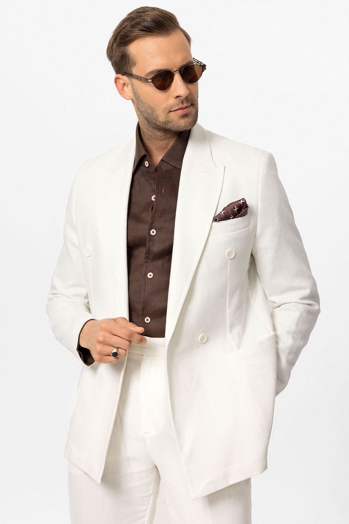Kruvaze Kapama Keten Karışımlı Erkek Blazer Ceket