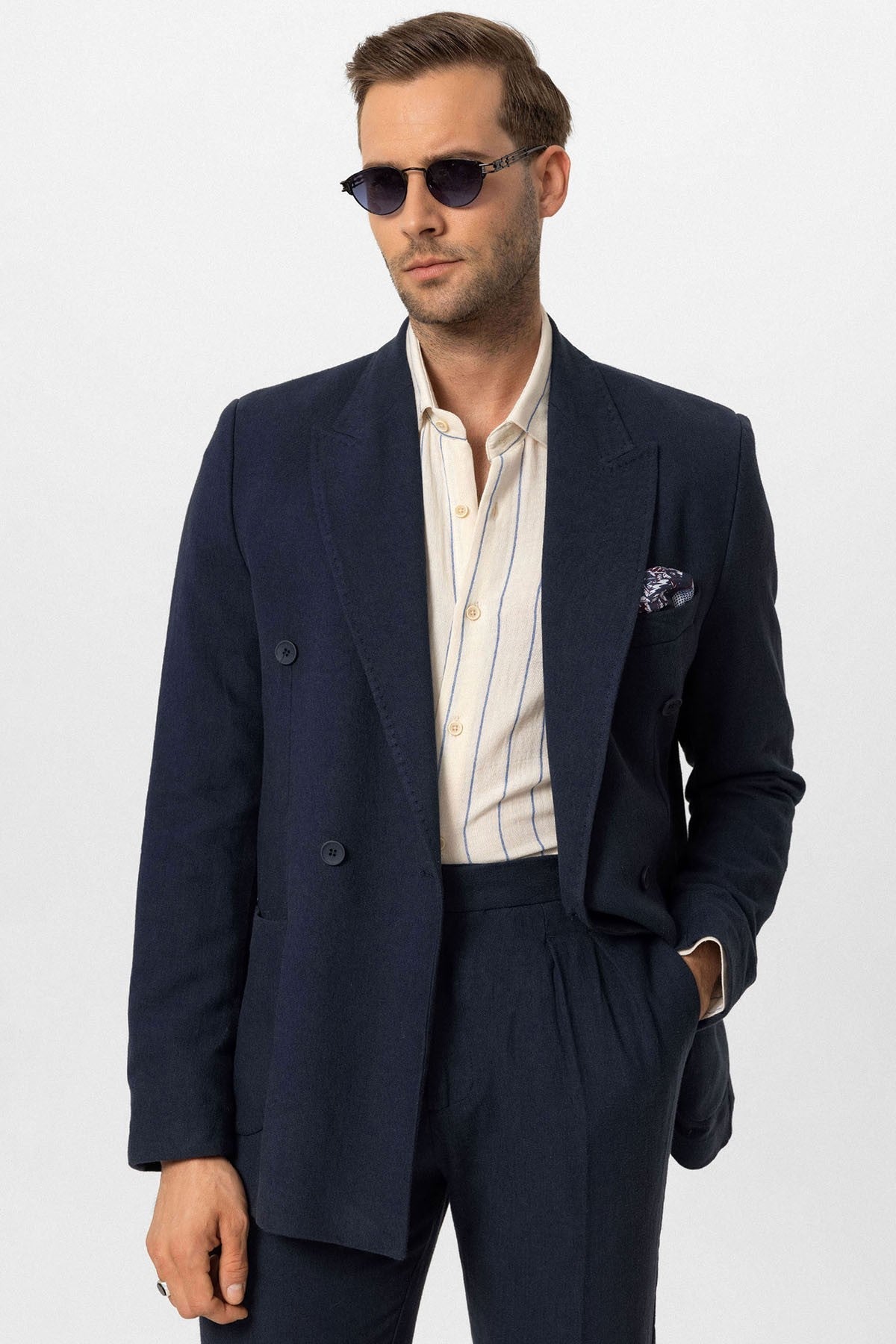 Kruvaze Kapama Keten Karışımlı Erkek Blazer Ceket
