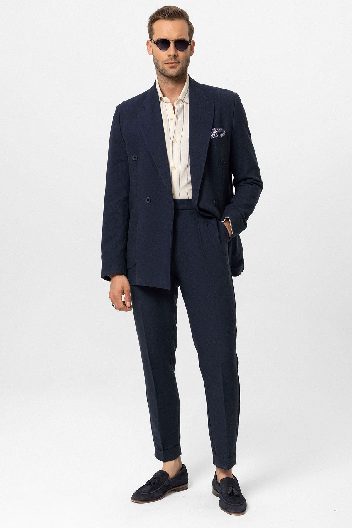 Kruvaze Kapama Keten Karışımlı Erkek Blazer Ceket