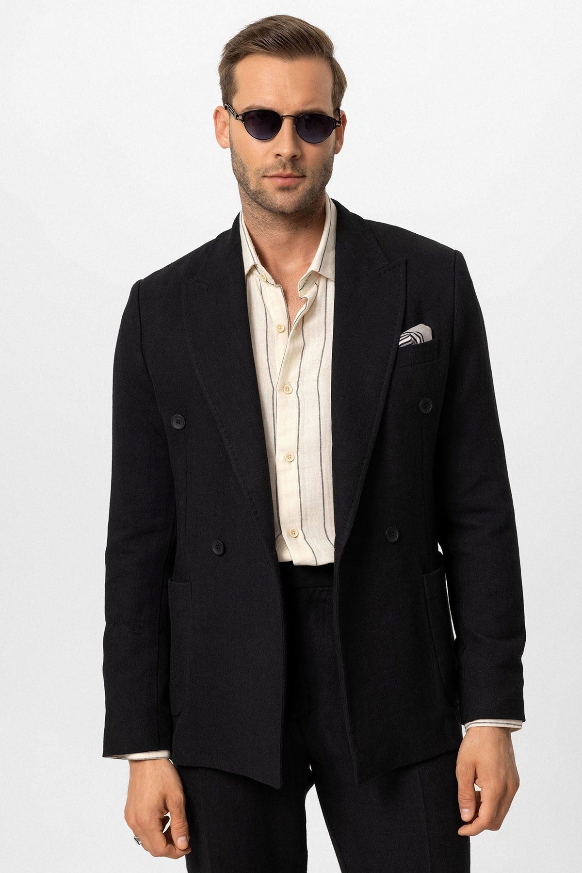 Kruvaze Kapama Keten Karışımlı Erkek Blazer Ceket
