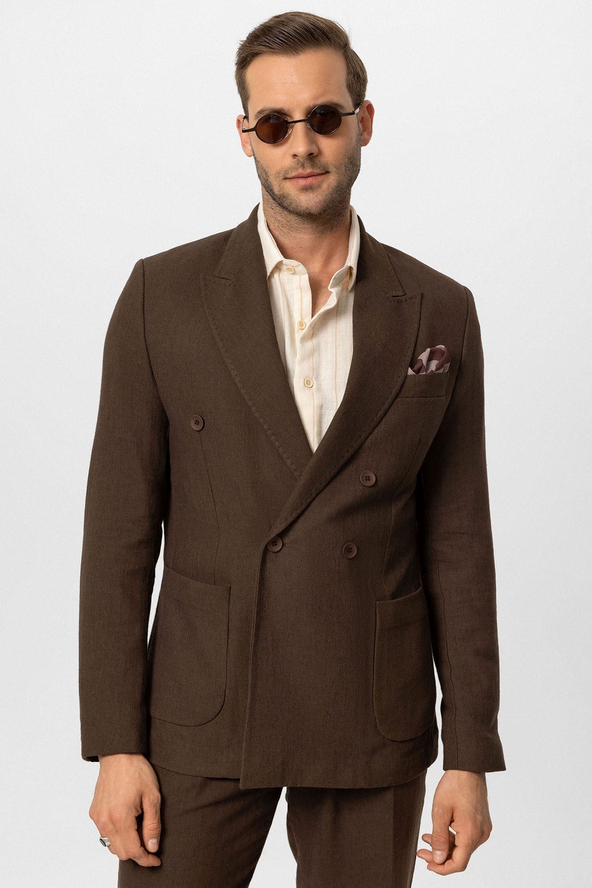 Kruvaze Kapama Keten Karışımlı Erkek Blazer Ceket