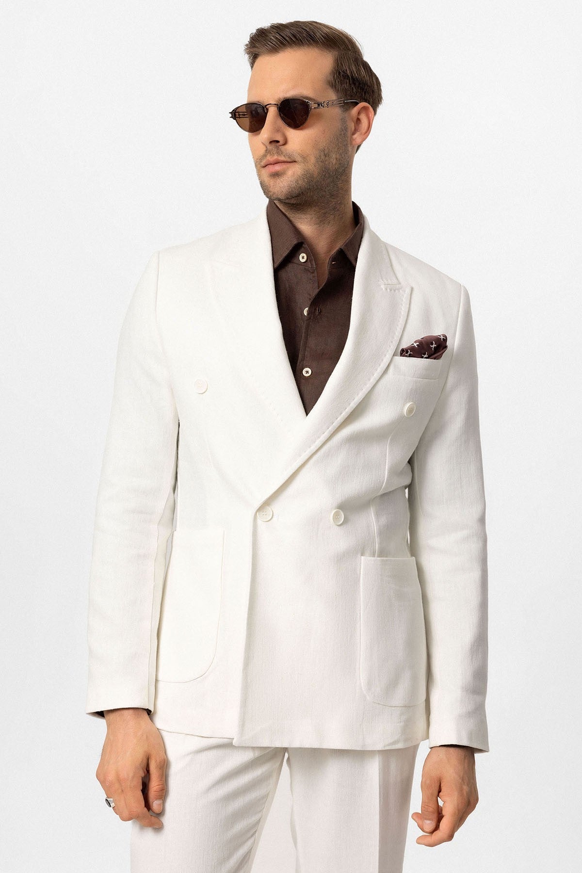 Kruvaze Kapama Keten Karışımlı Erkek Blazer Ceket