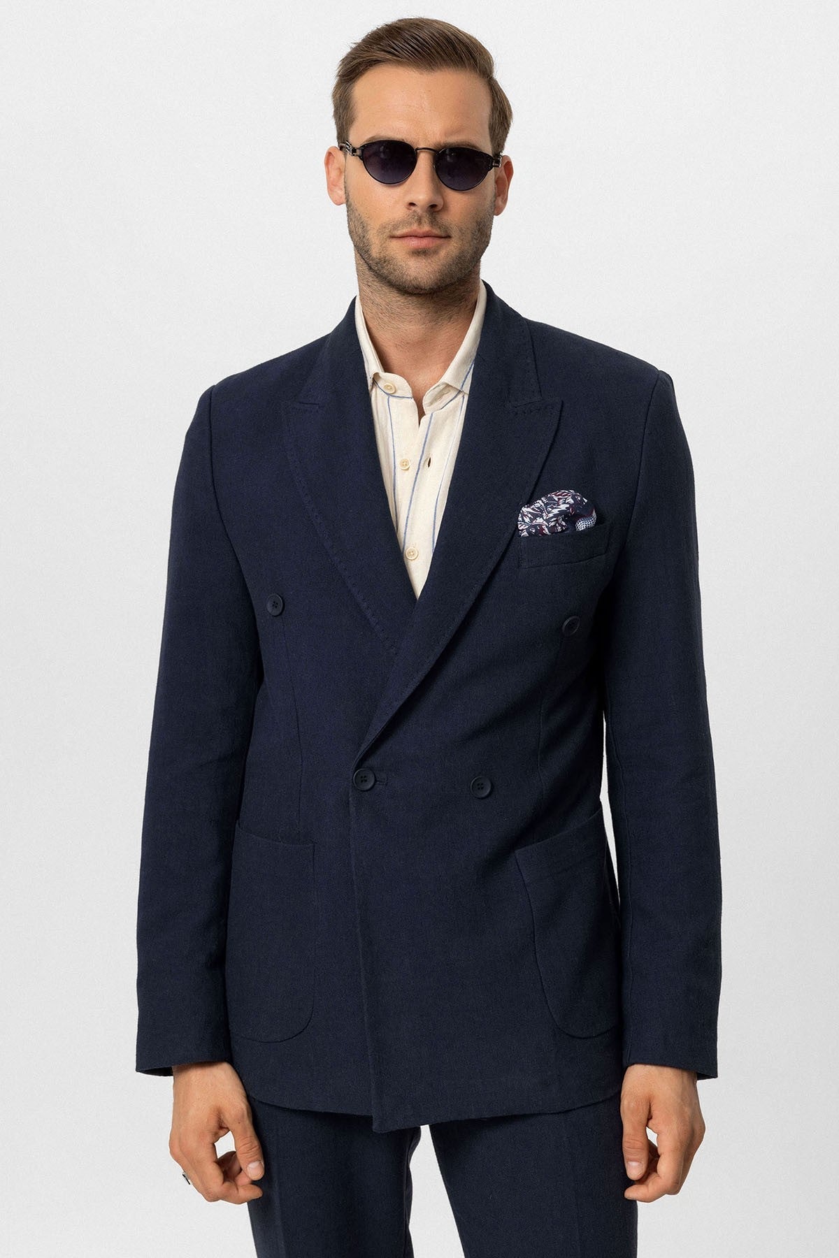 Kruvaze Kapama Keten Karışımlı Erkek Blazer Ceket