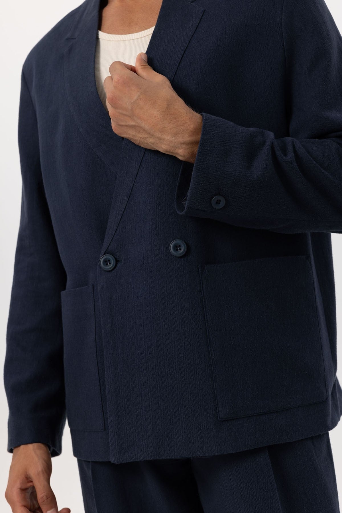Antioch Keten Karışımlı Kruvaze Düğmeli Erkek Blazer Ceket