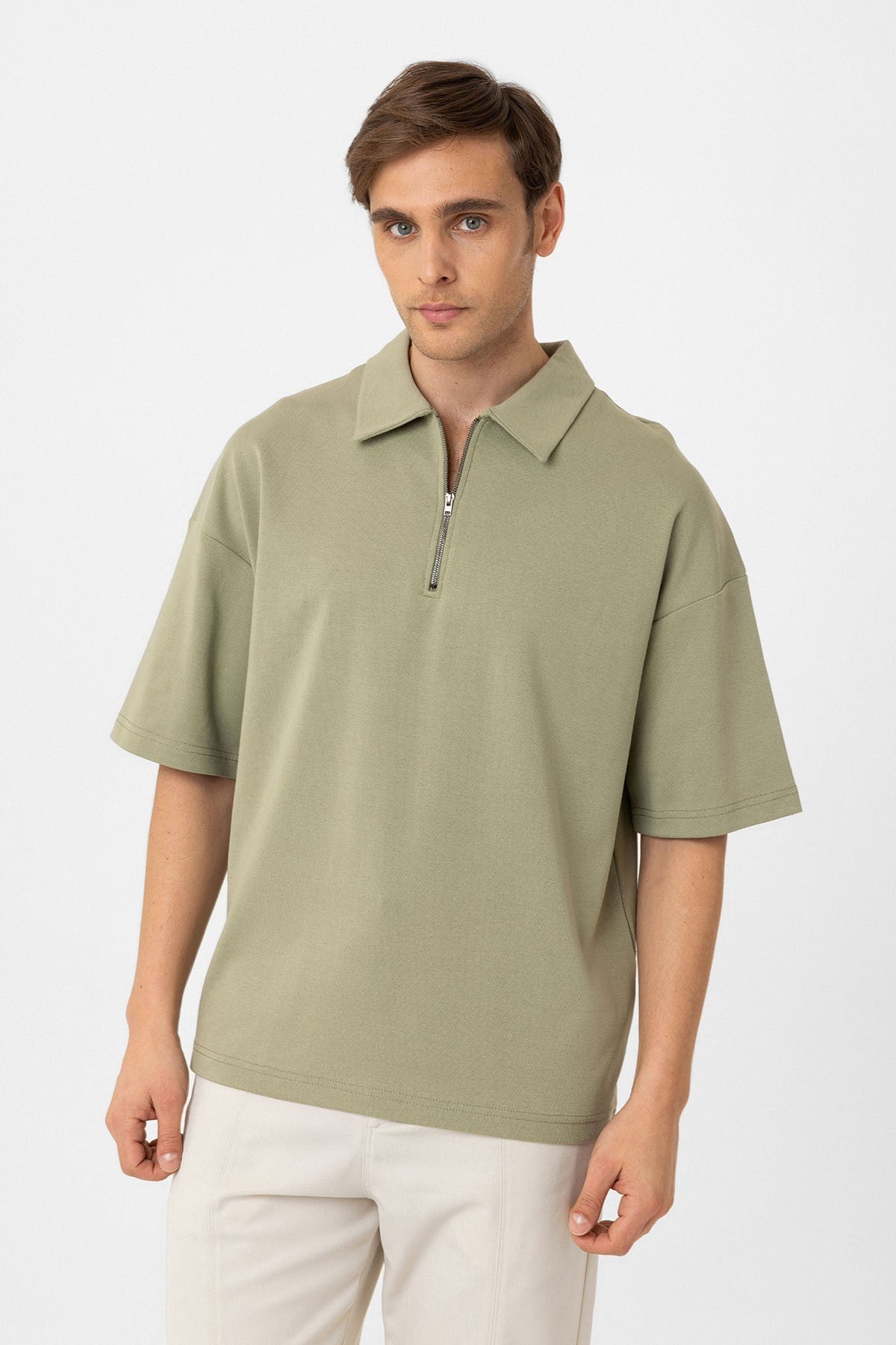 Antioch Oversize Polo Yaka Fermuarlı Erkek T-Shirt