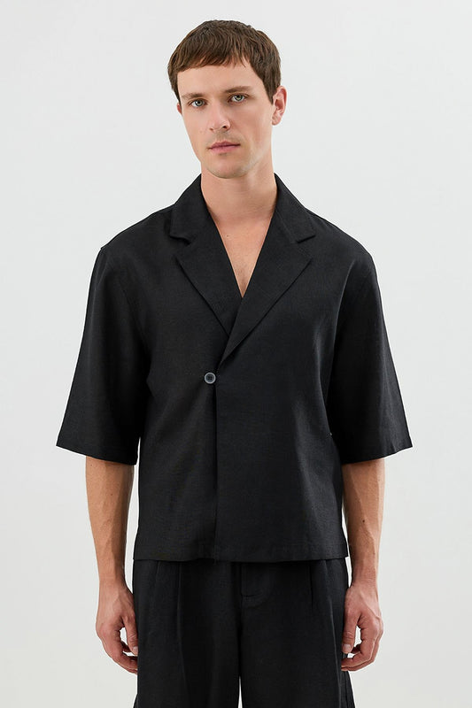 Keten Karışımlı Relax Fit Simetrik Erkek Gömlek
