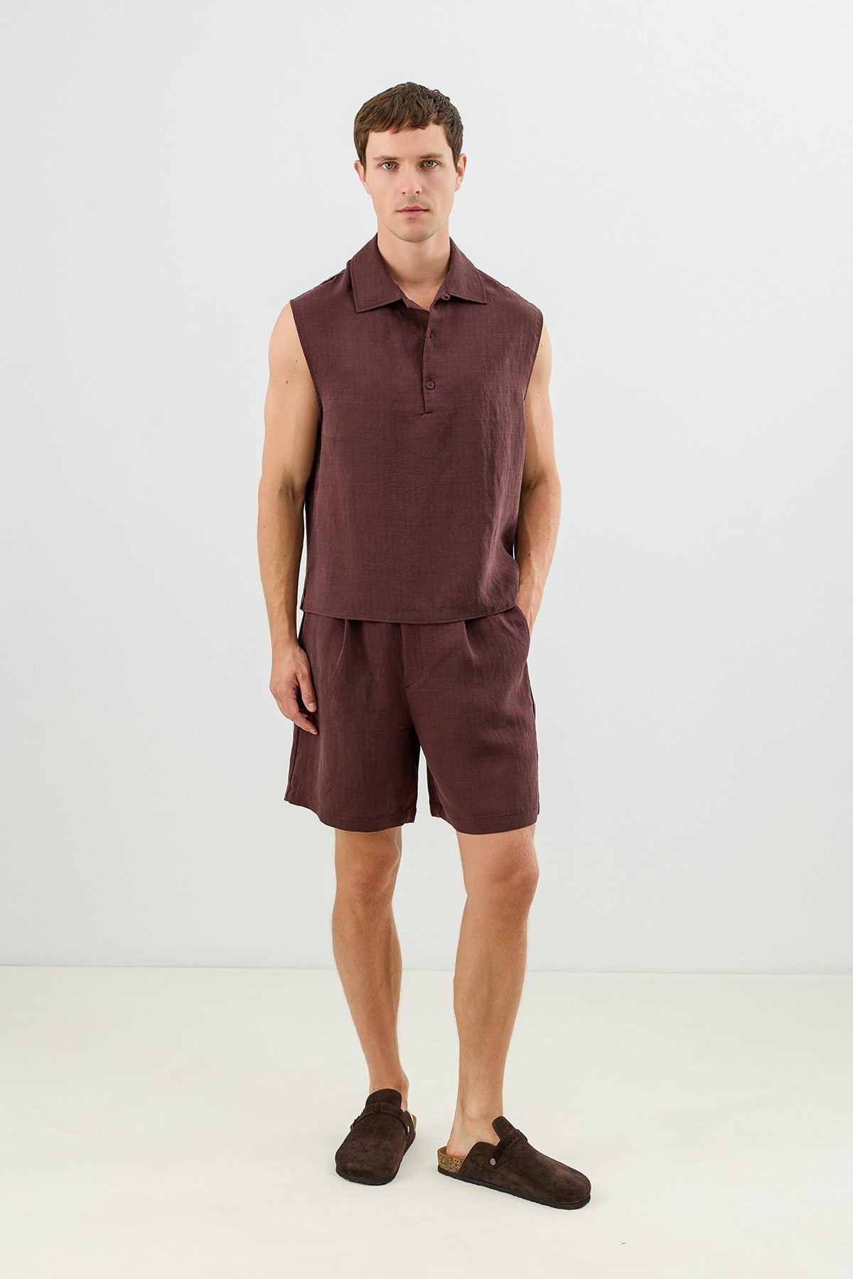 Lyocell Karışımlı Crop Fit Kolsuz Erkek Gömlek