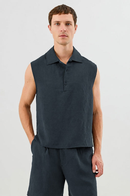 Lyocell Karışımlı Crop Fit Kolsuz Erkek Gömlek