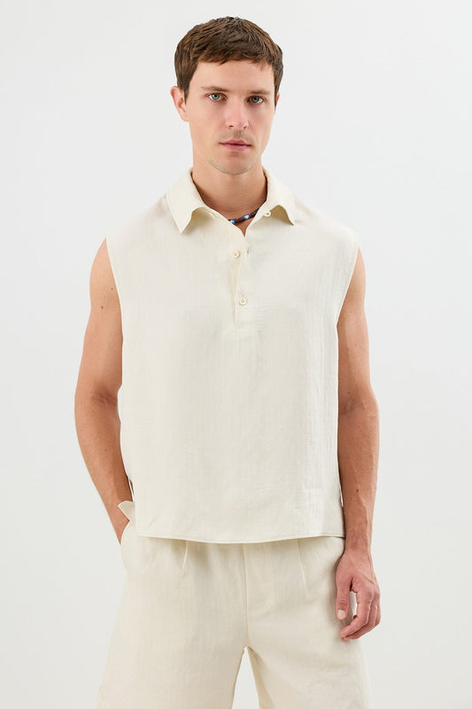 Lyocell Karışımlı Crop Fit Kolsuz Erkek Gömlek