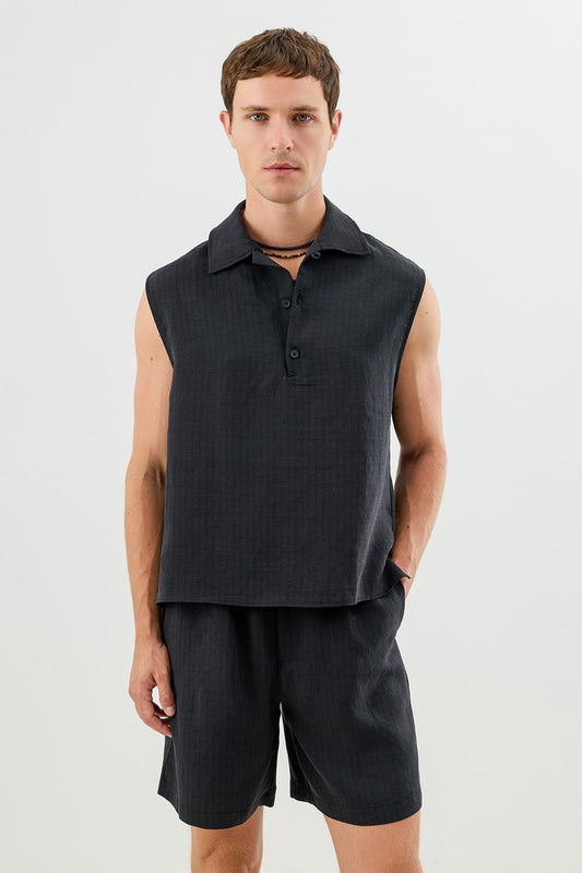Lyocell Karışımlı Crop Fit Kolsuz Erkek Gömlek