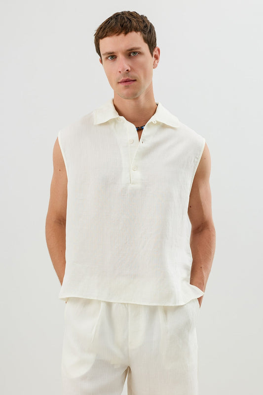 Lyocell Karışımlı Crop Fit Kolsuz Erkek Gömlek